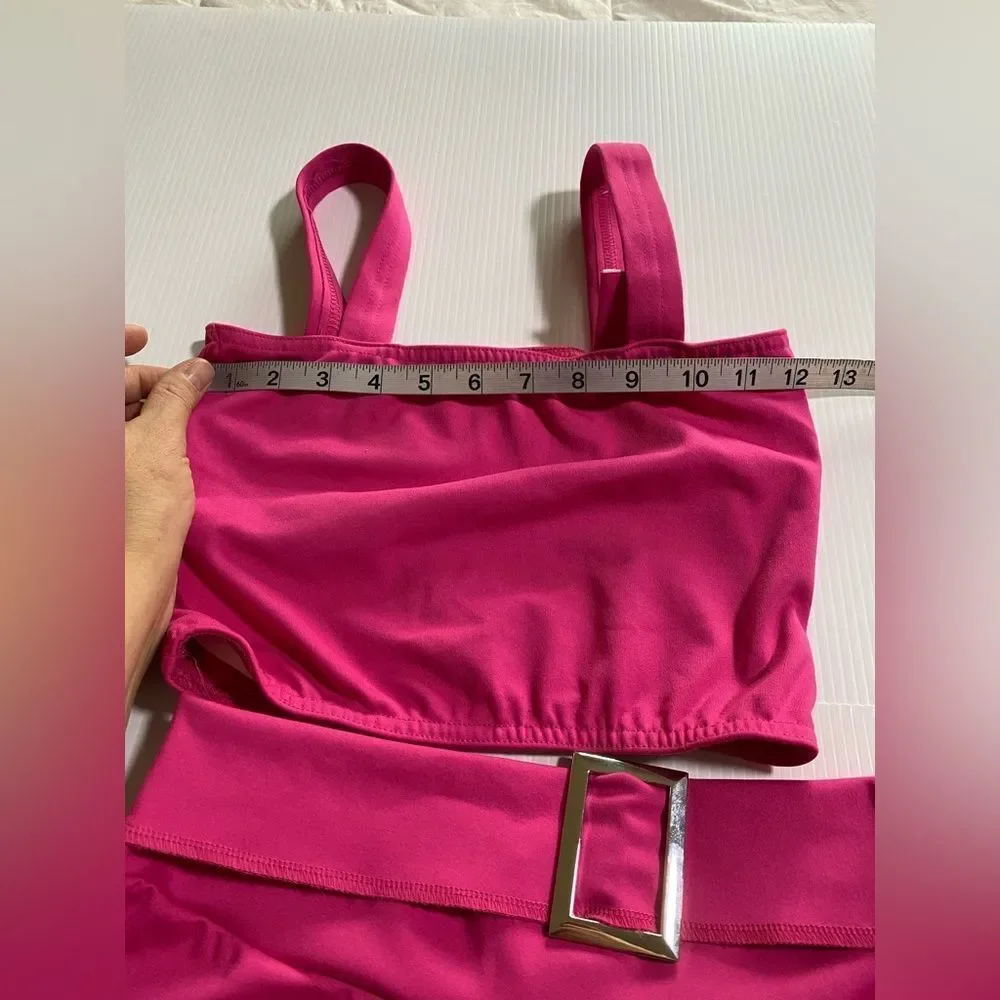 Kelle dance costume 2 piece hot pink top buckle shorts SA-Small adult